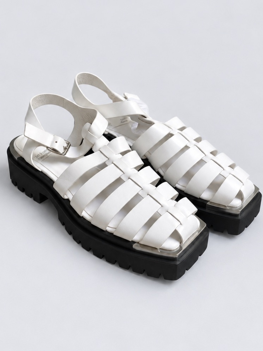 Jeffrey Campbell White Woven Leather Sandal with Chunky Black Sole